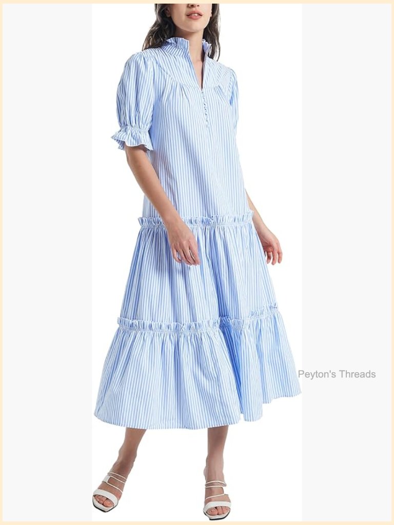 Button Down Puff Sleeves Maxi Dress Tiered Swing